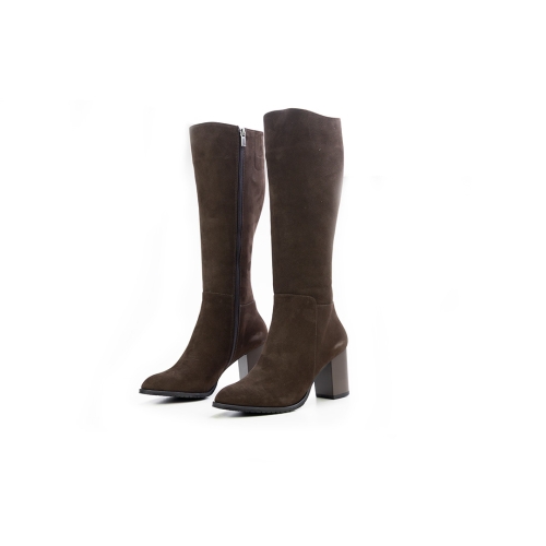 Дамски елегантни ботуши от естествен велур тъмно кафяви 372-181