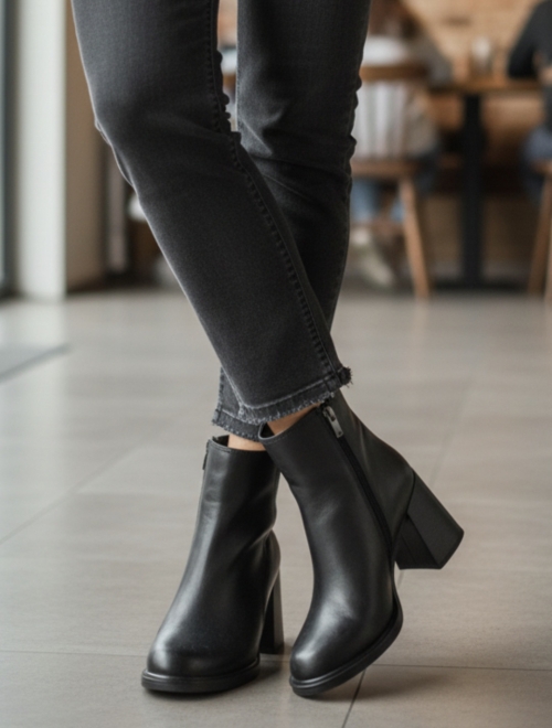 Дамски елегантни боти от естествена кожа черни 351-100