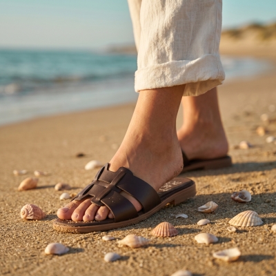 Дамски ежедневни чехли от естествена кожа тъмно кафяви 5823 Oh My Sandals