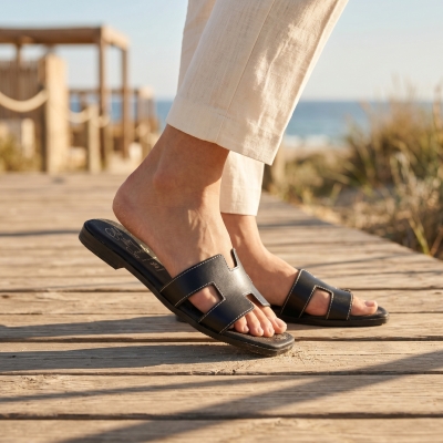 Дамски ежедневни чехли от естествена кожа черни 5810 Oh My Sandals