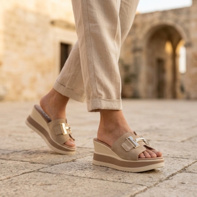 Дамски ежедневни чехли от естествен велур бежови 5980 Oh My Sandals
