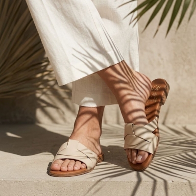 Дамски ежедневни чехли от естествена кожа бежови 5805 Oh My Sandals